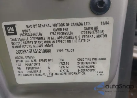 2005 Chevrolet Silverado 1500 Ls z USA, uszkodzony, nr VIN 2GCEK19T451219803